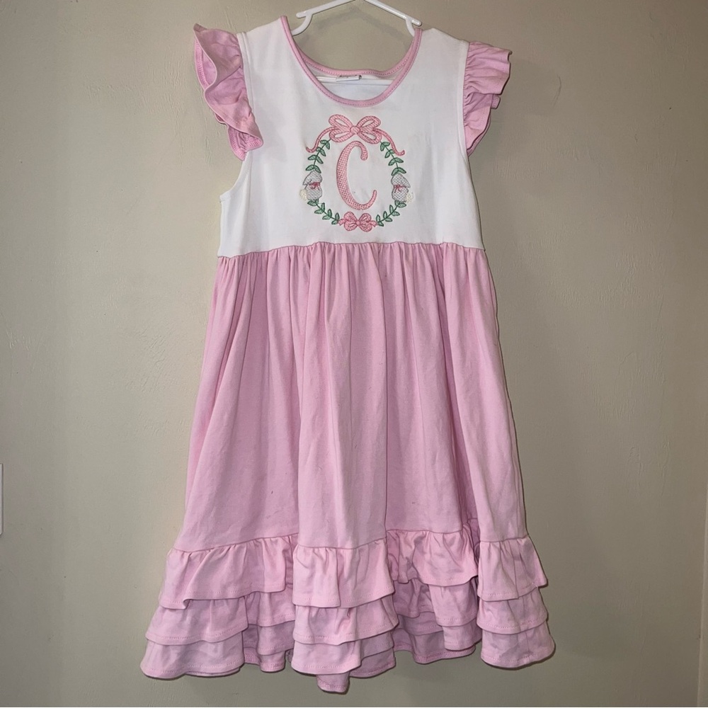C Monogram Pink Ruffled Easter Springtime Bunny Floral Dress